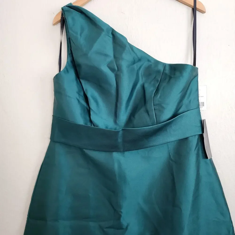 Alfred Sung One Shoulder Satin A-Line Gown Hunter Green Pockets NWT Plus Size 16 - Picture 4 of 9